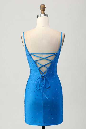 Sparkly Blue Bodycon Short Beaded Cocktail Dress with Drapes